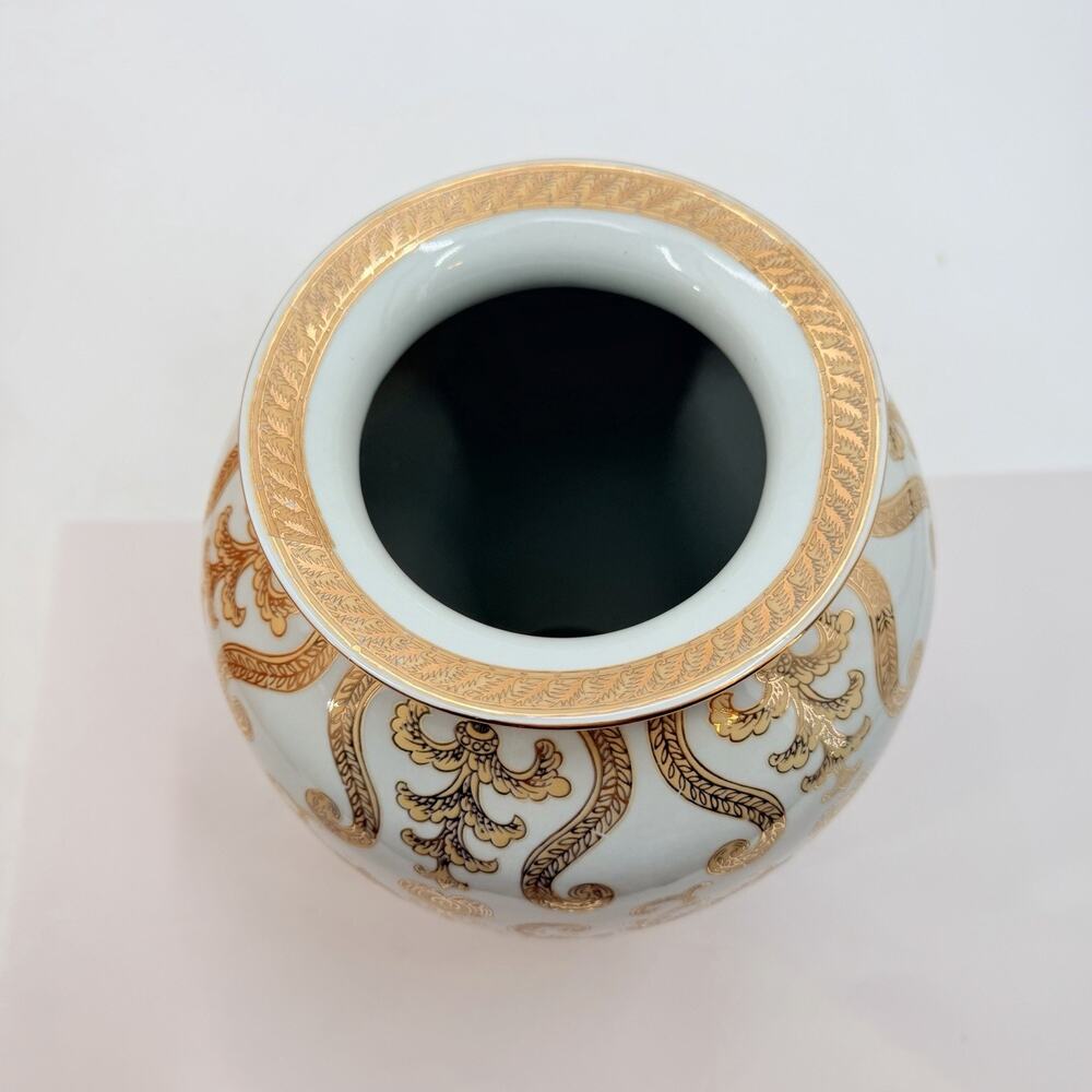 Arabesque White with Enameled Gold Flowers & Scrolls Ceramic Vase 14.5" Tall - Picture 7 of 10